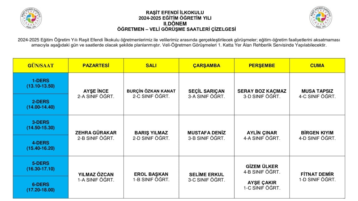 2024-2025 EĞİTİM ÖĞRETİM YILI II. DÖNEM ÖĞRETMEN-VELİ GÖRÜŞME ÇİZELGESİ.